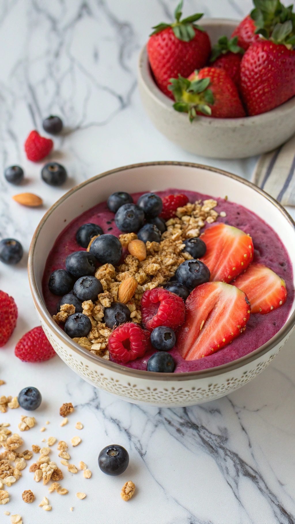 A colorful berry smoothie bowl topped with granola, fresh strawberries, blueberries, and raspberries.