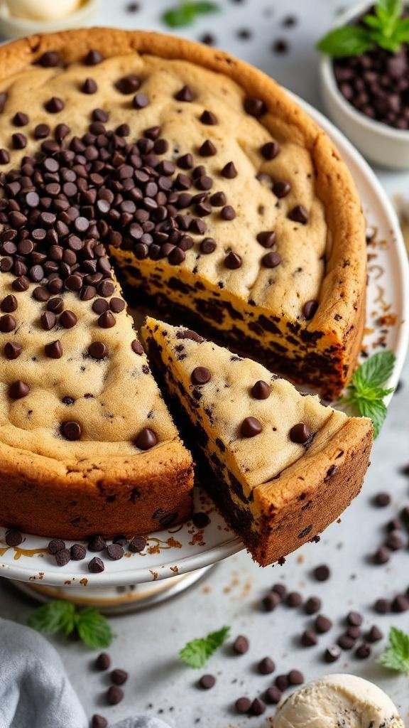 A delicious chocolate chip cookie cake with chocolate chips on top, partially sliced, surrounded by chocolate chips and mint leaves.