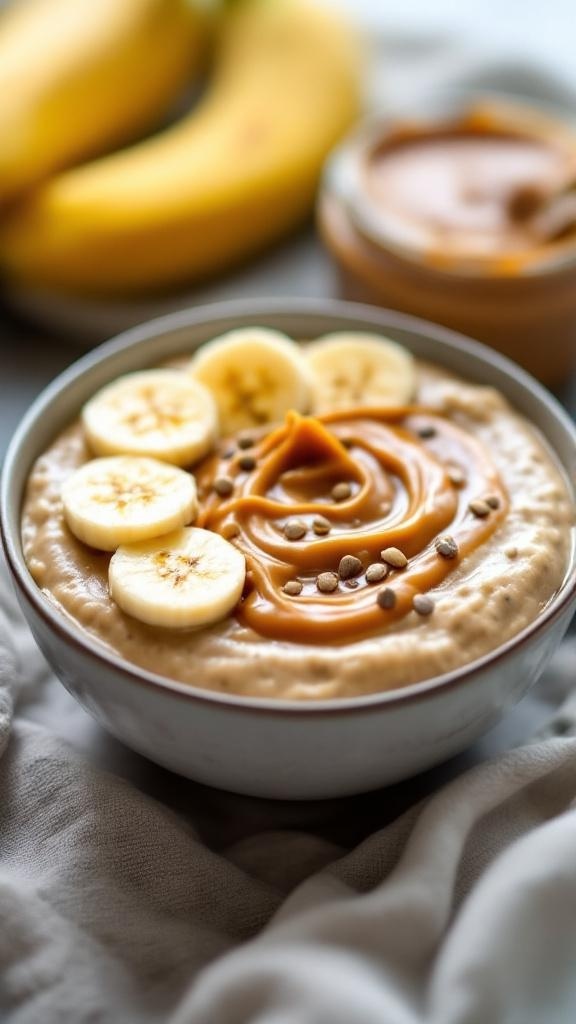 A bowl of peanut butter banana chia pudding topped with banana slices and peanut butter, with bananas in the background.
