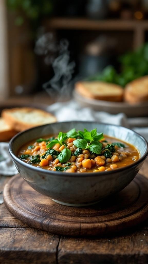 A bowl of hearty lentil and spinach stew garnished with fresh herbs, served on a wooden board.