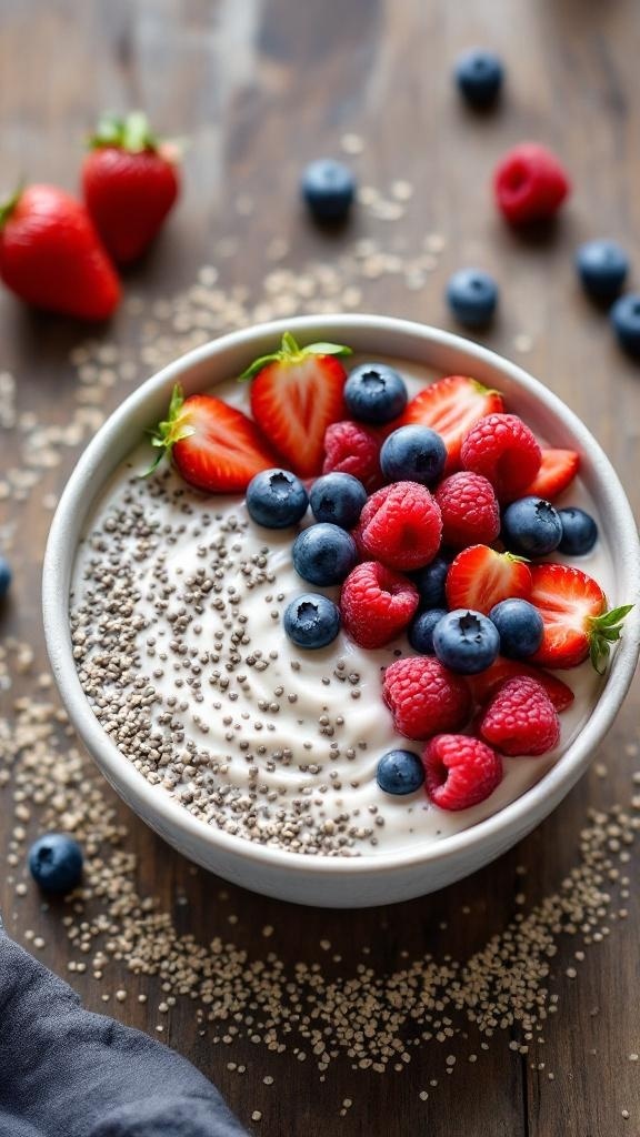 A bowl of vanilla chia seed pudding topped with fresh strawberries, blueberries, and raspberries.