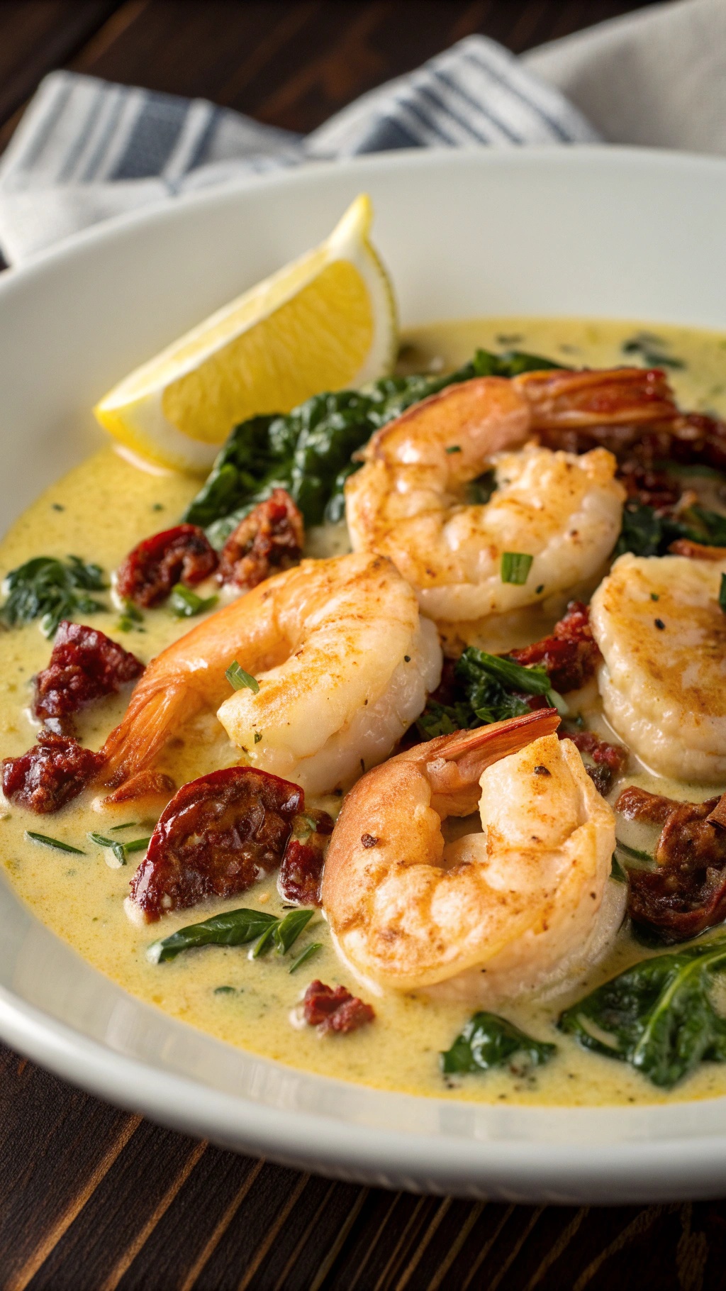 Creamy Garlic Butter Tuscan Shrimp with spinach and sun-dried tomatoes