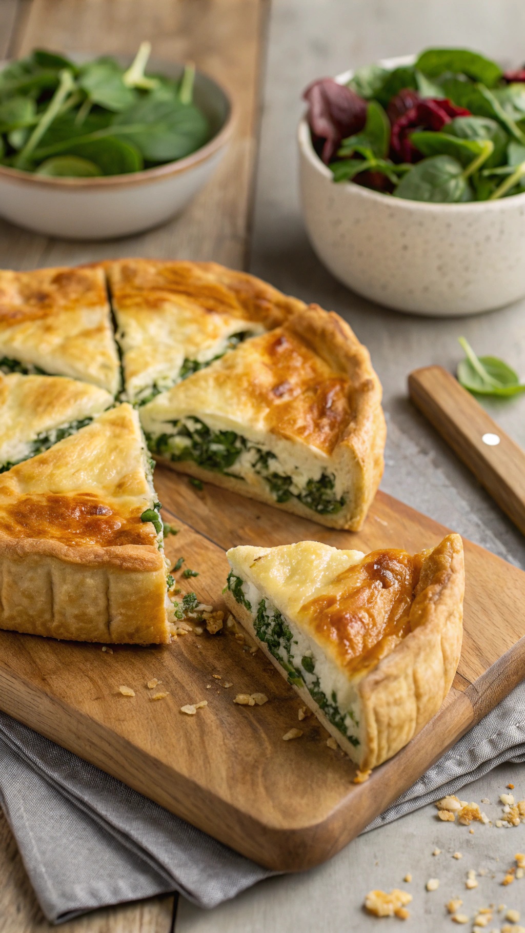 Creamy Mediterranean spinach and feta pie on a wooden board with a slice cut out, accompanied by a fresh salad.