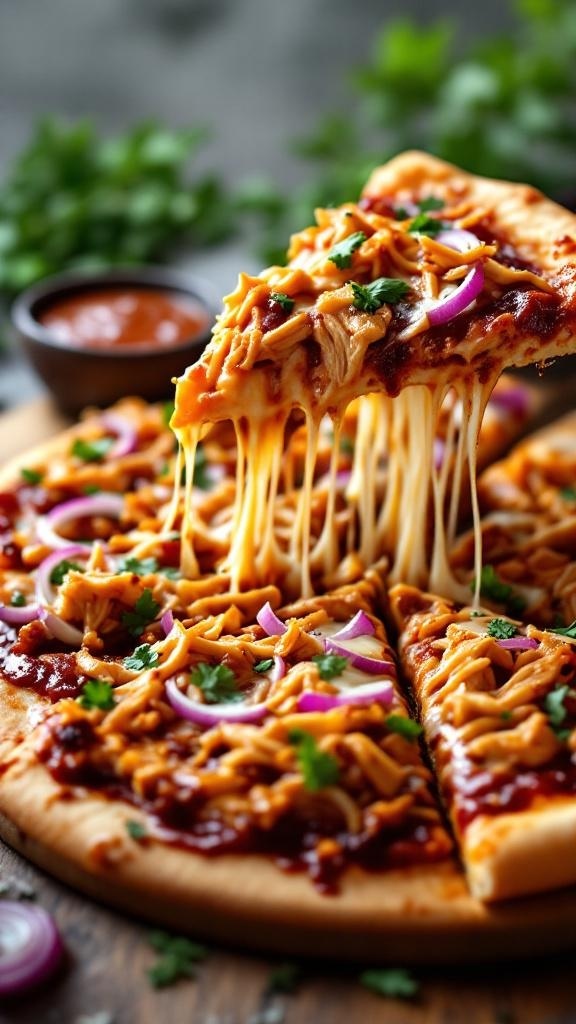 BBQ chicken pizza with melted cheese, red onions, and cilantro