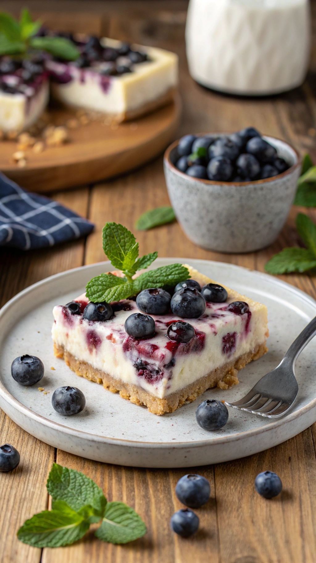 A slice of low-sugar blueberry cheesecake bar on a plate, topped with fresh blueberries and mint leaves.