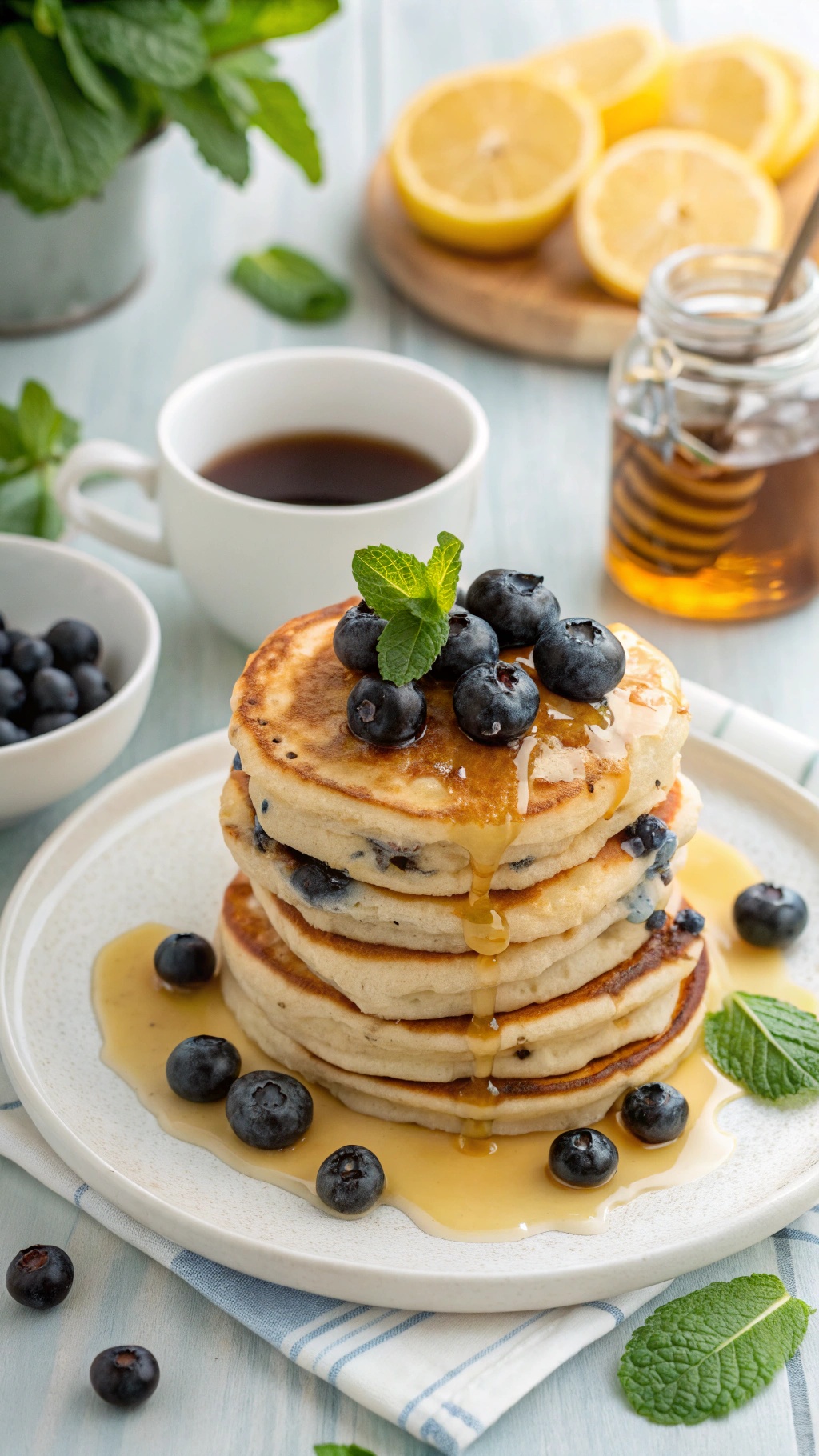 A stack of fluffy blueberry pancakes topped with fresh blueberries and syrup, served with a cup of coffee and lemon slices.
