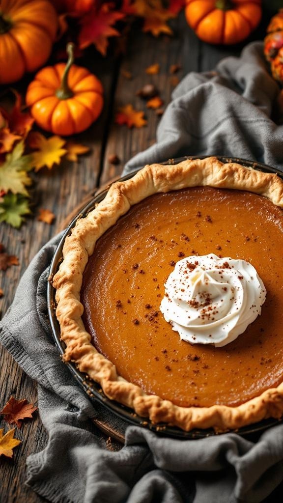 A classic pumpkin pie topped with whipped cream, surrounded by autumn leaves and mini pumpkins.