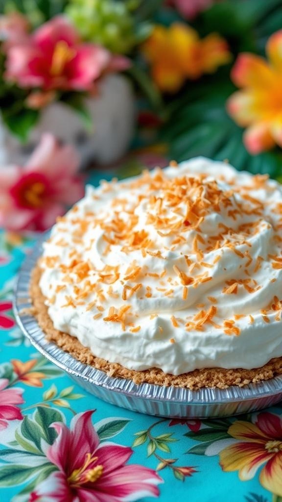 A beautifully decorated coconut cream pie topped with whipped cream and toasted coconut flakes, set against a colorful floral background.