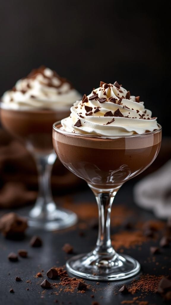 Chocolate mousse in elegant glasses topped with whipped cream and chocolate shavings.