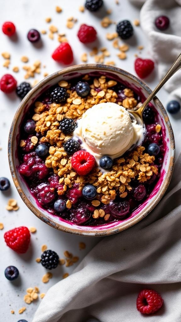 A bowl of berry crisp topped with ice cream, surrounded by fresh berries and granola.