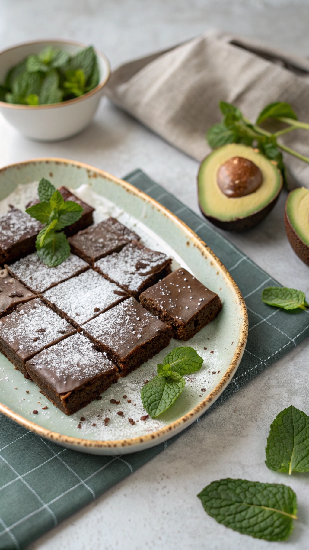 Plate of rich chocolate avocado brownies garnished with mint leaves and powdered sugar.