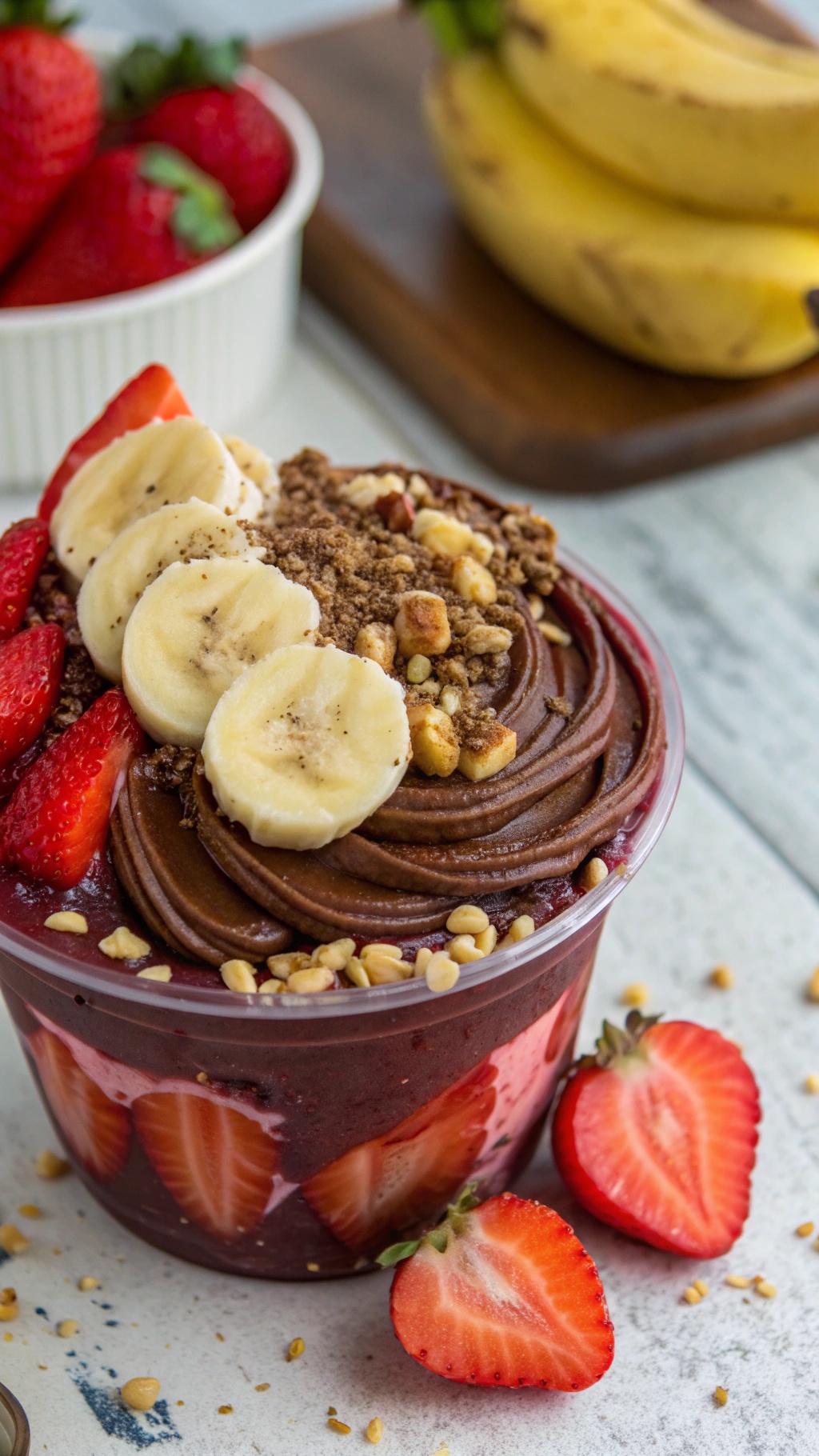 A colorful acai bowl topped with Nutella, banana slices, strawberries, and chopped nuts.