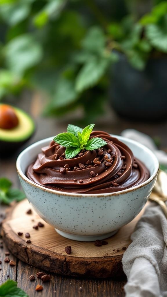 A bowl of chocolate avocado mousse topped with mint leaves and chocolate shavings, surrounded by fresh ingredients.