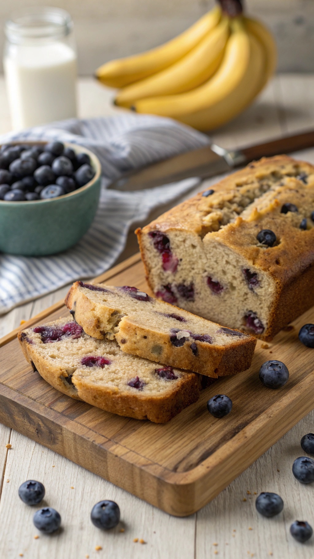 A loaf of blueberry banana bread sliced on a wooden board with fresh blueberries and bananas in the background.