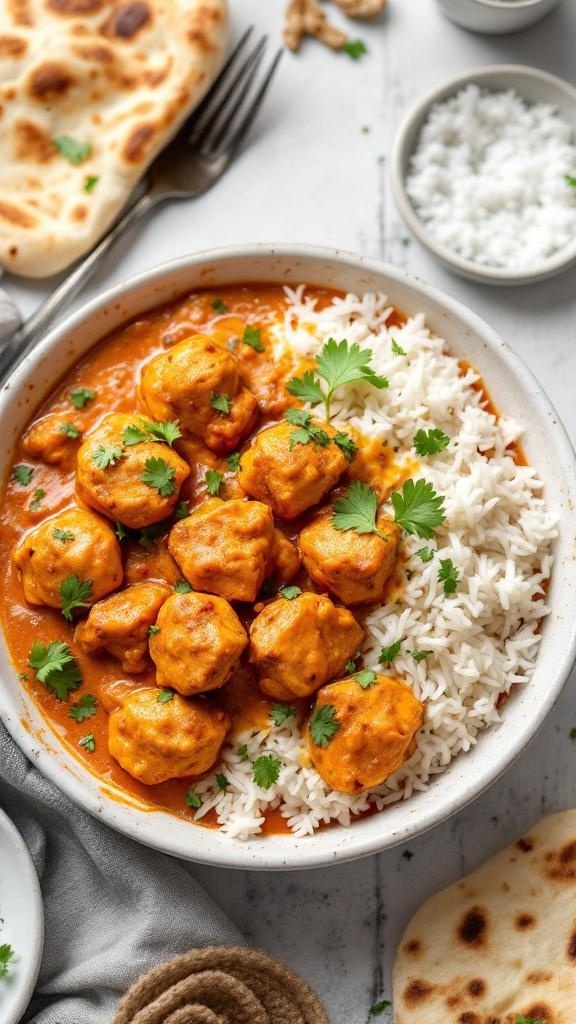 A bowl of chicken tikka masala with rice and naan, garnished with cilantro.