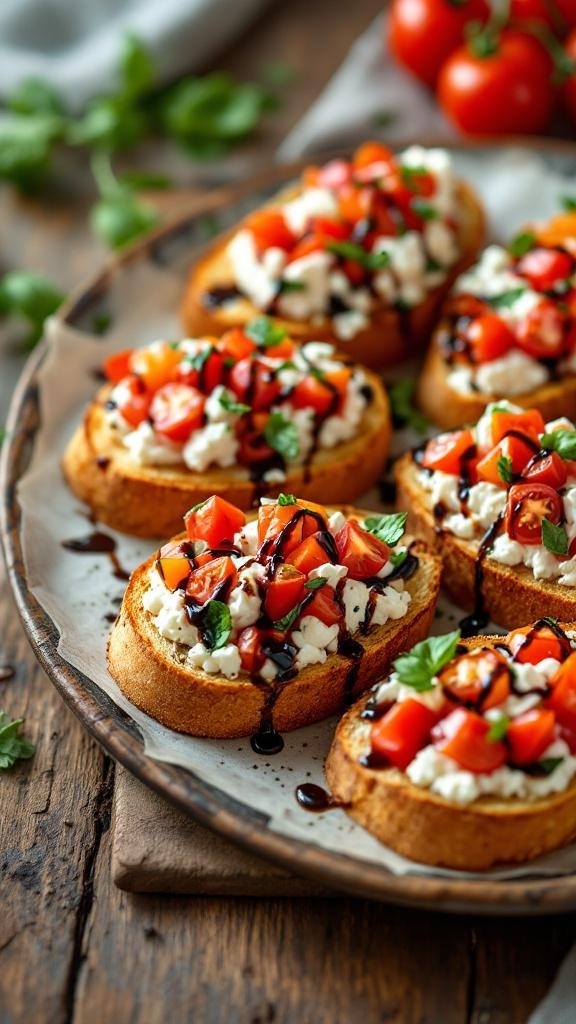 A plate of Italian-style bruschetta topped with cottage cheese and diced tomatoes, garnished with basil and drizzled with balsamic glaze.