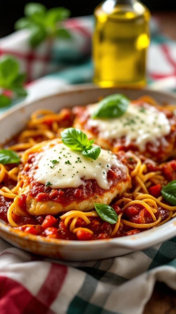 Italian Chicken Parmesan Casserole with spaghetti and melted cheese