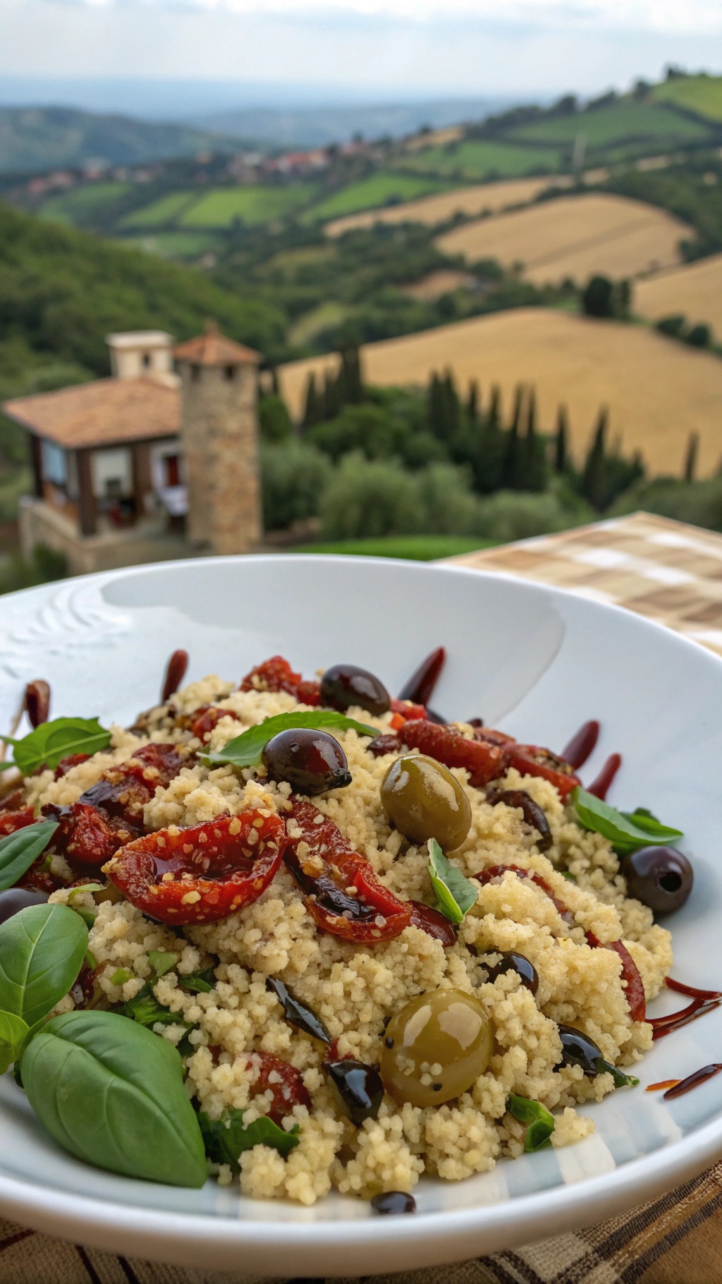 A bowl of Italian quinoa salad with sun-dried tomatoes and basil, set against a picturesque landscape.