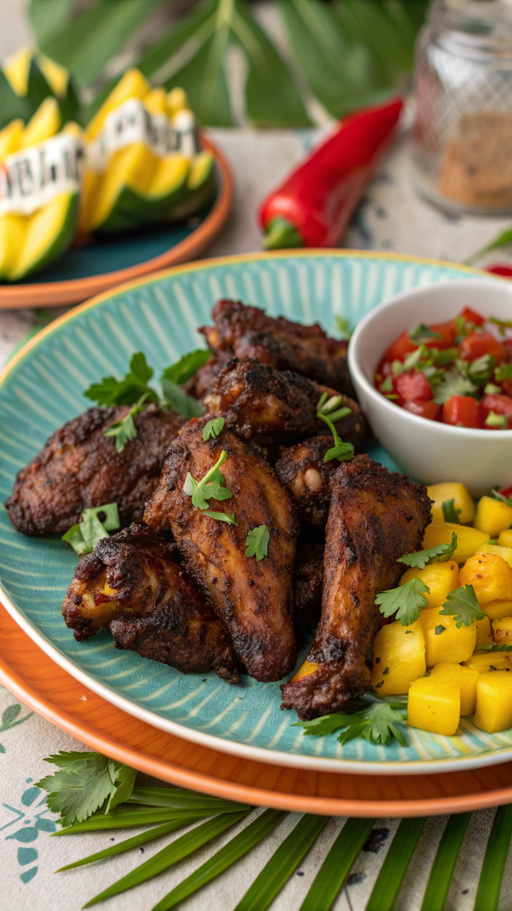 A plate of Jamaican jerk chicken wings with mango and salsa, garnished with cilantro.