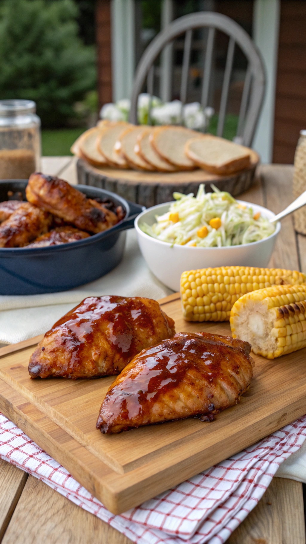 Juicy air fryer BBQ chicken breast served with corn on the cob and coleslaw.