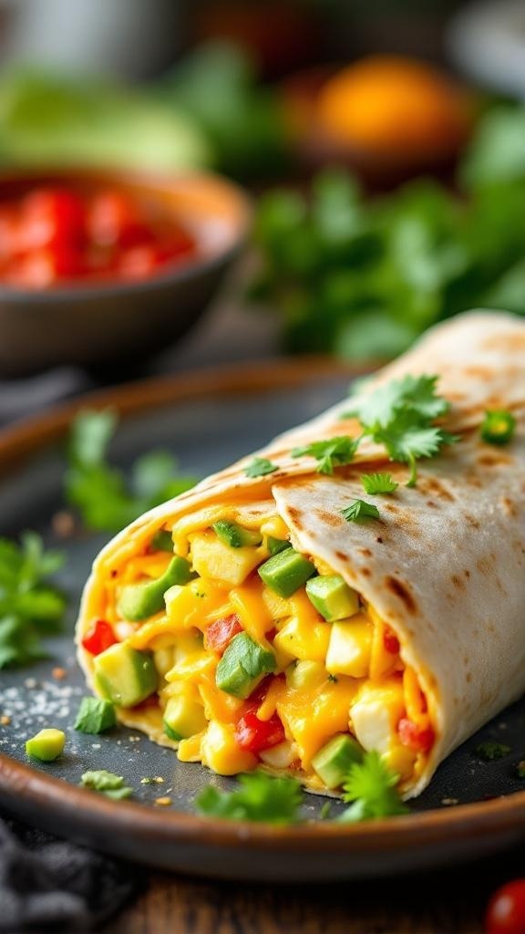 A keto-friendly breakfast burrito filled with cheese, avocado, and bell peppers, garnished with fresh herbs.