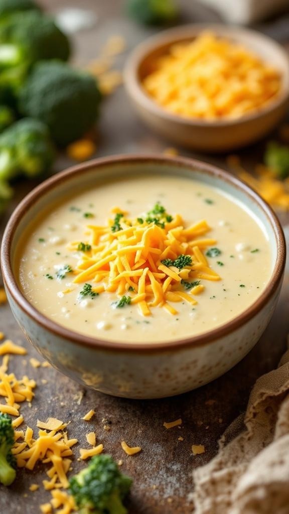 A bowl of creamy broccoli cheddar soup topped with shredded cheddar cheese and fresh broccoli, with additional cheese and broccoli in the background.