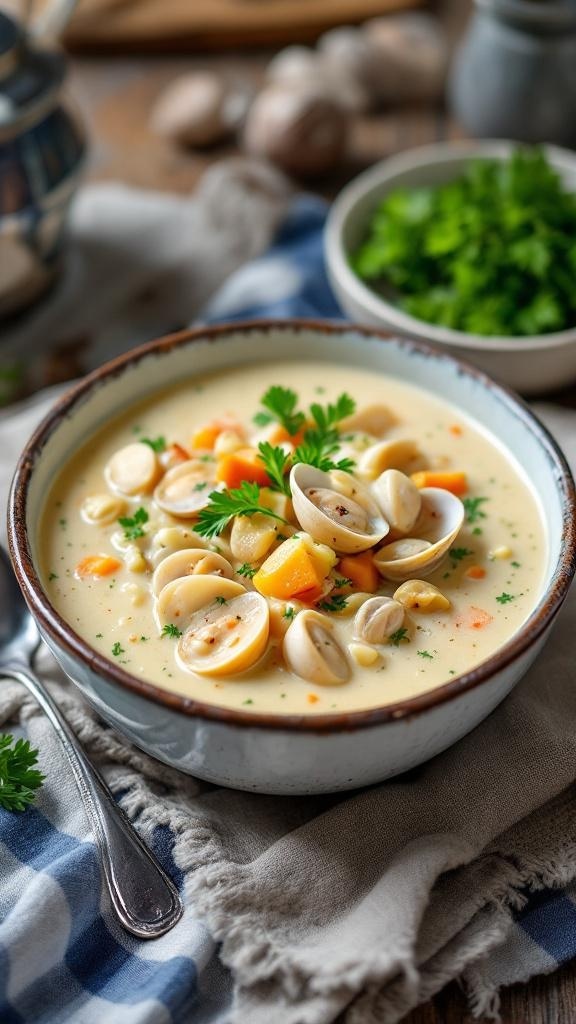 A bowl of creamy keto-friendly clam chowder with clams and vegetables, garnished with parsley.