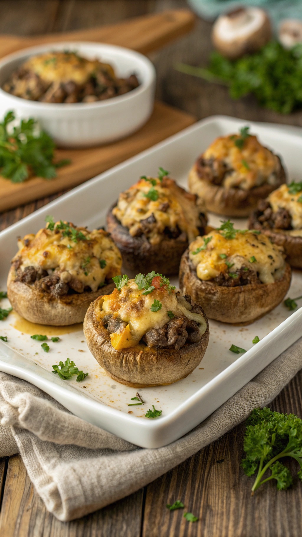 Keto Beef and Cheese Stuffed Mushrooms on a white platter, garnished with parsley.