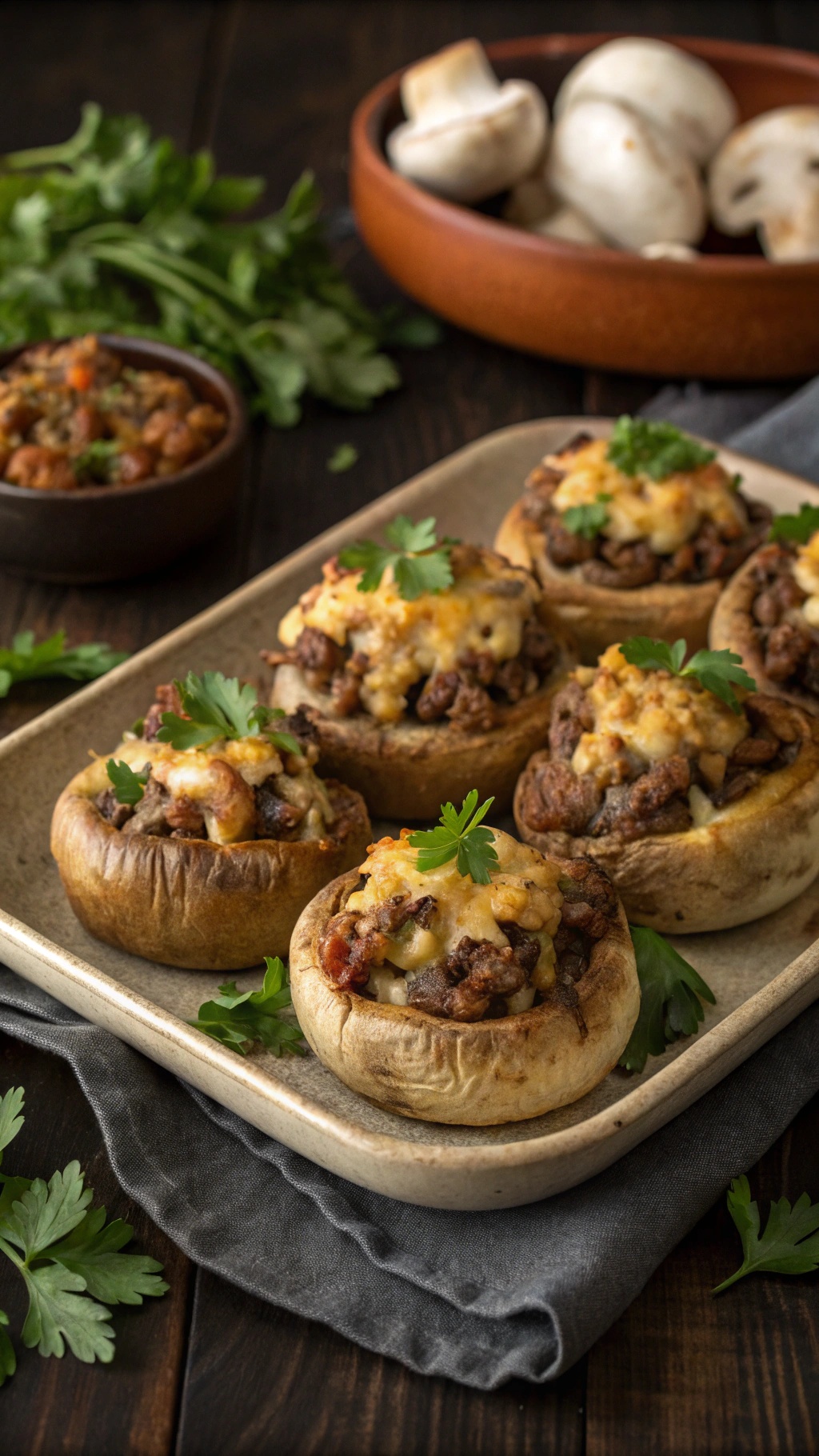 A plate of keto beef and cheese stuffed mushrooms garnished with parsley.