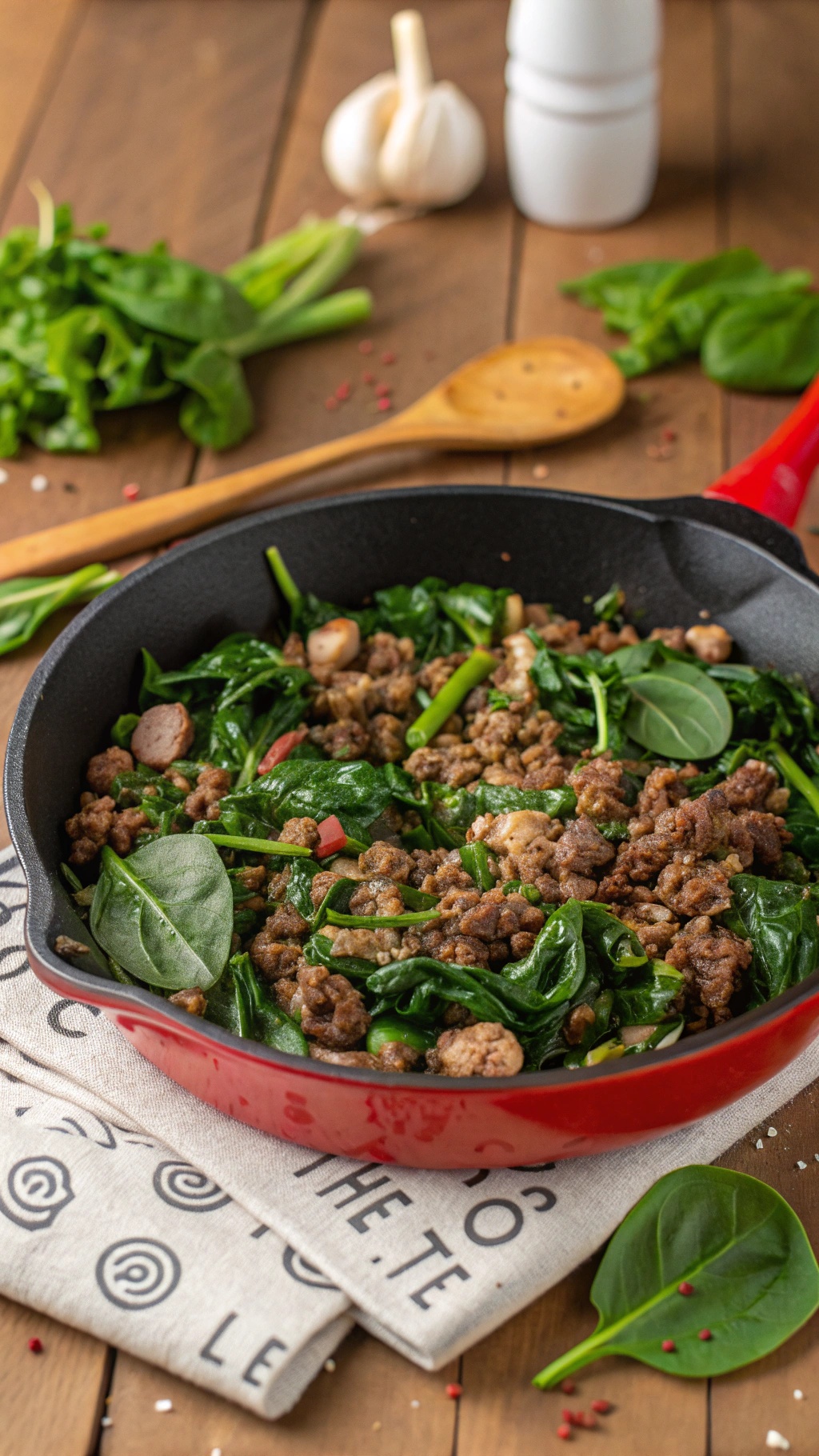 A skillet filled with ground beef and fresh spinach, garnished with garlic and spices.
