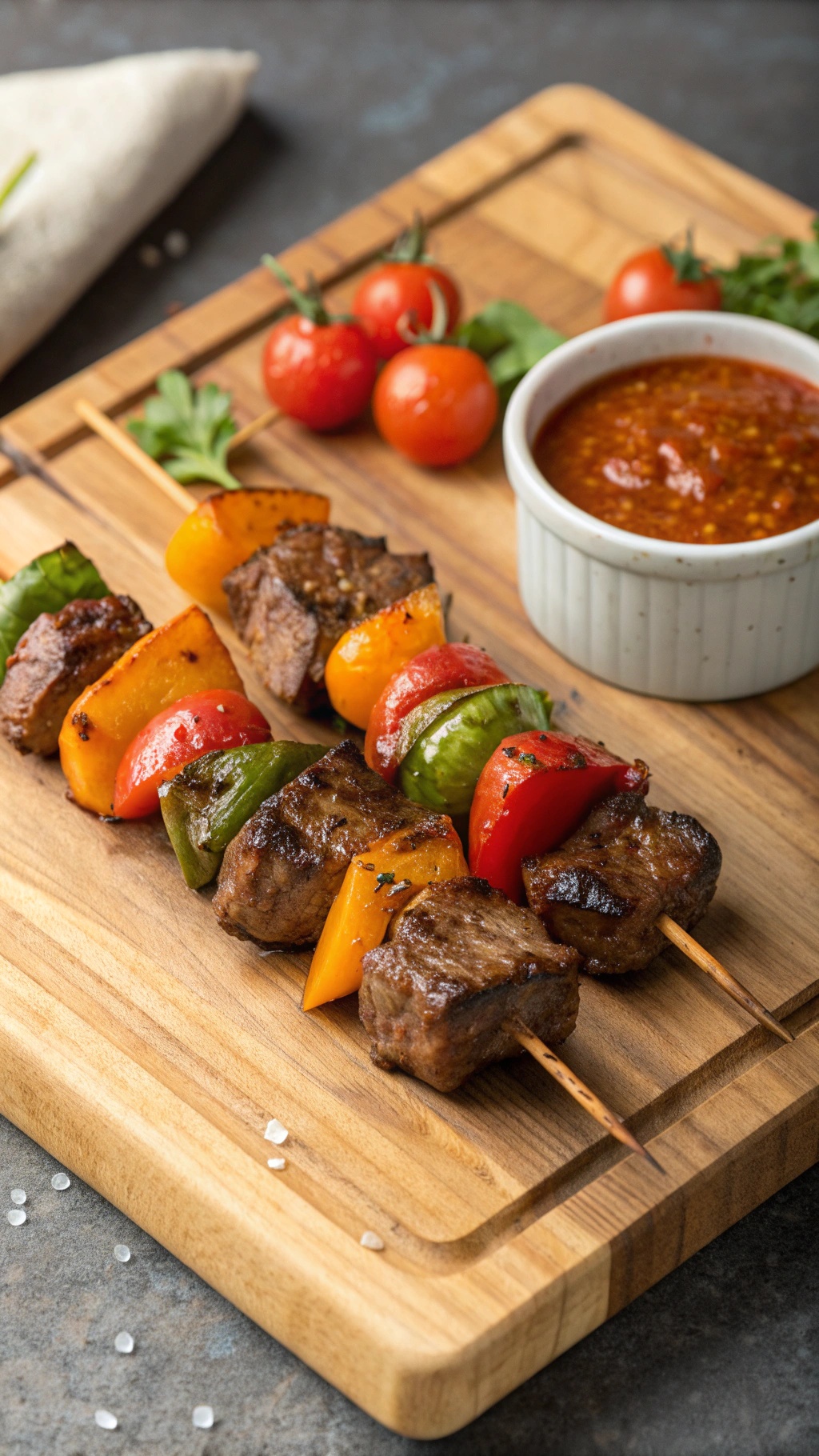 Keto beef and vegetable skewers on a wooden cutting board with cherry tomatoes and dipping sauce.