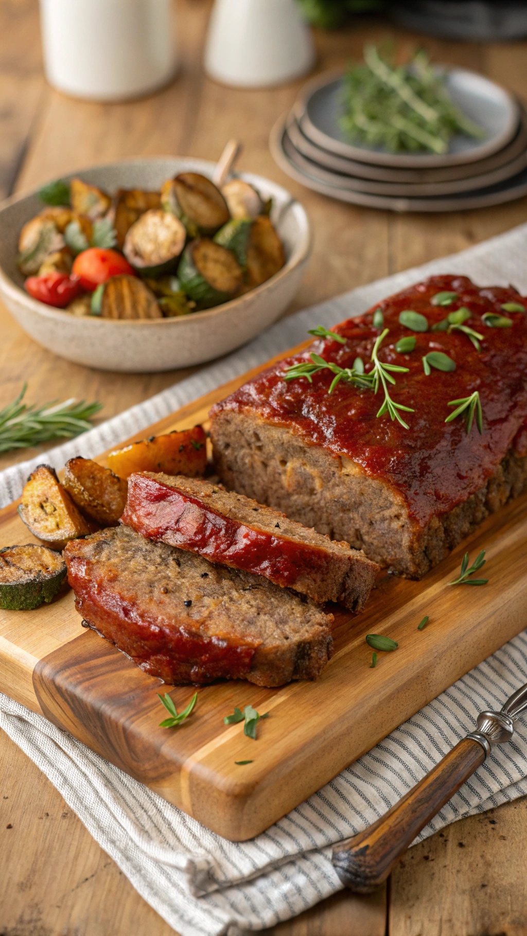A delicious keto beef meatloaf glazed and sliced, served with roasted vegetables.