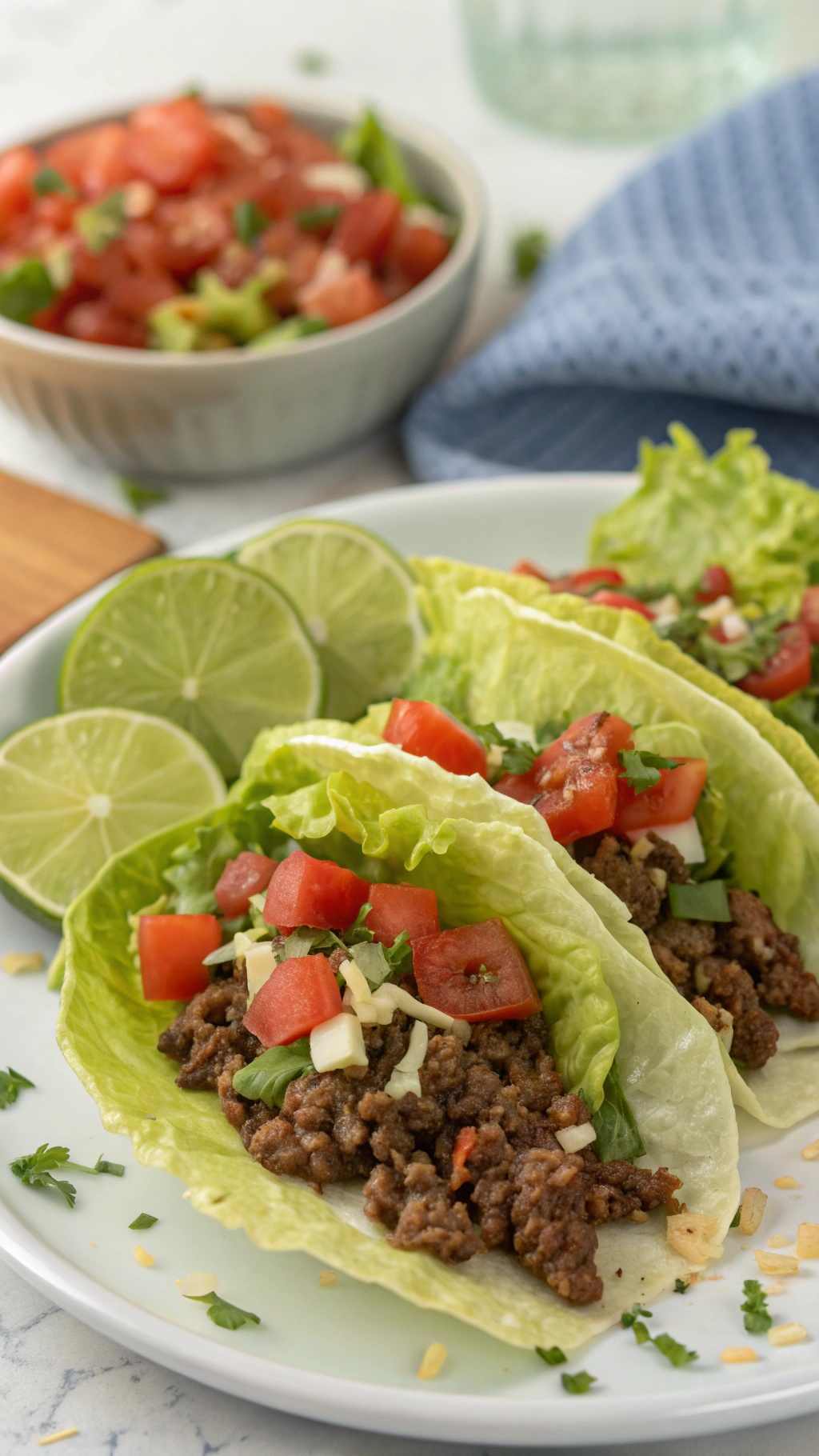 Keto beef tacos with lettuce wraps, topped with tomatoes and cheese, served with lime wedges.