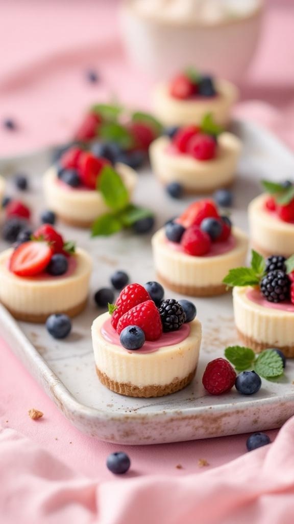 Delicious keto cheesecake bites topped with fresh berries on a tray.
