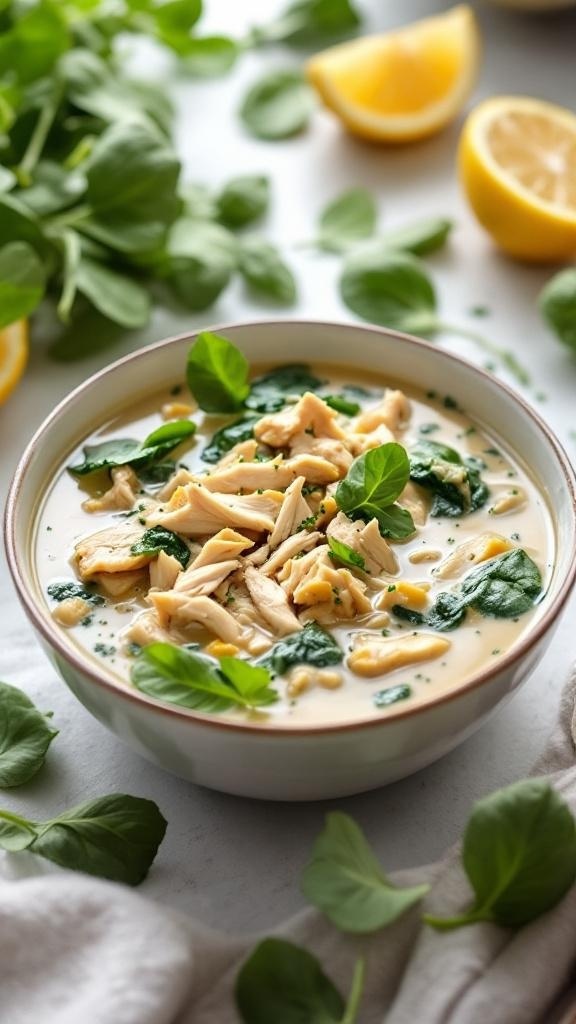 A bowl of Keto Chicken and Spinach Soup with fresh spinach leaves and lemon slices in the background.