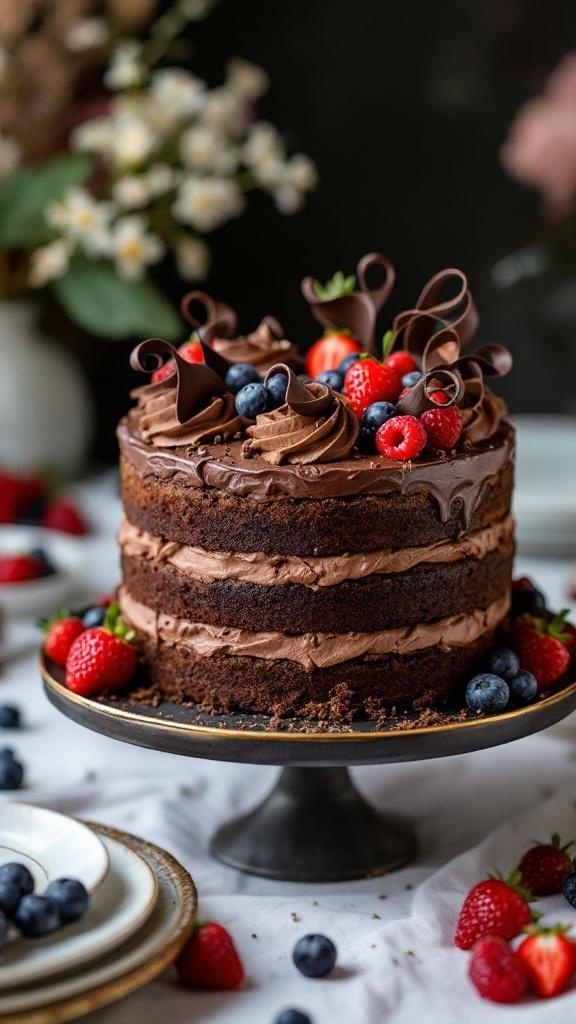 A beautifully layered keto chocolate cake topped with chocolate frosting and fresh berries, set on a decorative cake stand.