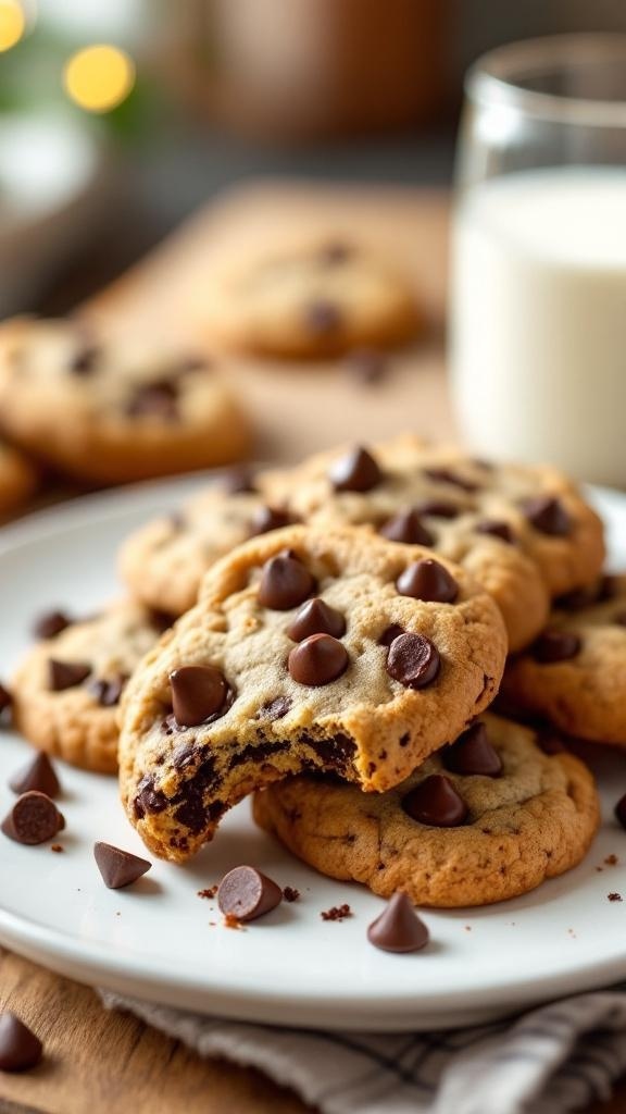 A plate of keto chocolate chip cookies with a glass of milk