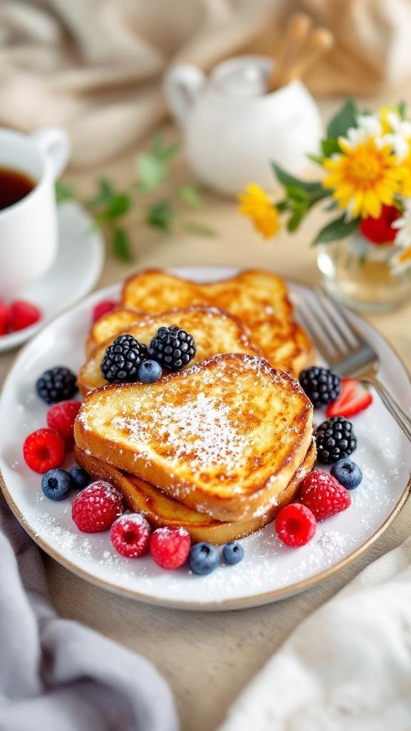 A plate of Keto Coconut Flour French Toast topped with fresh berries and powdered sugar.