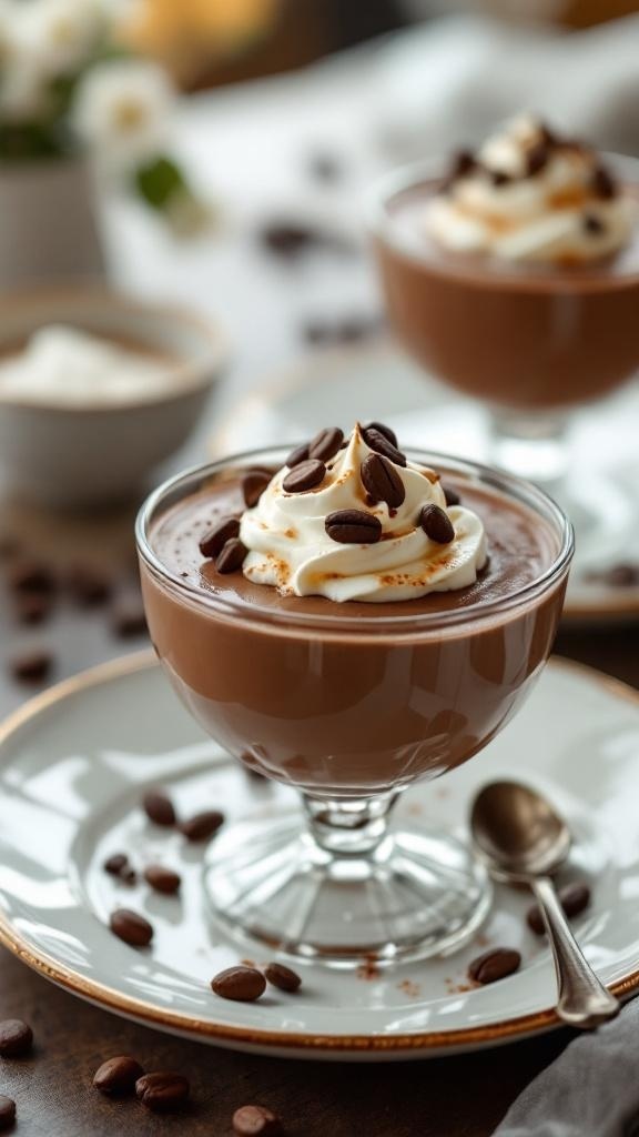 A delicious keto mocha mousse topped with whipped cream and coffee beans, served in a glass bowl.