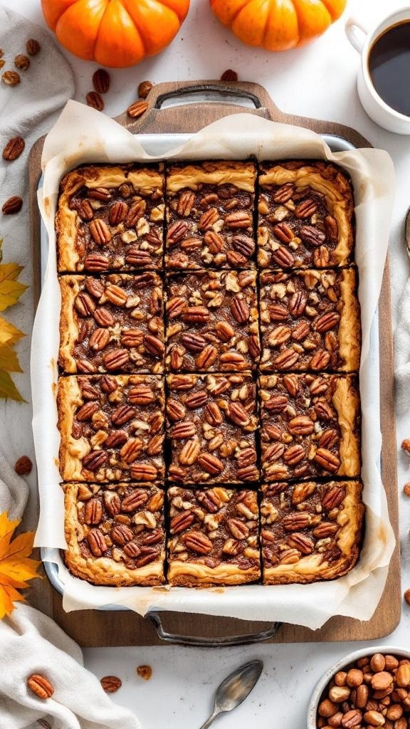 Keto pecan pie bars displayed in a baking dish with pumpkins and nuts around them