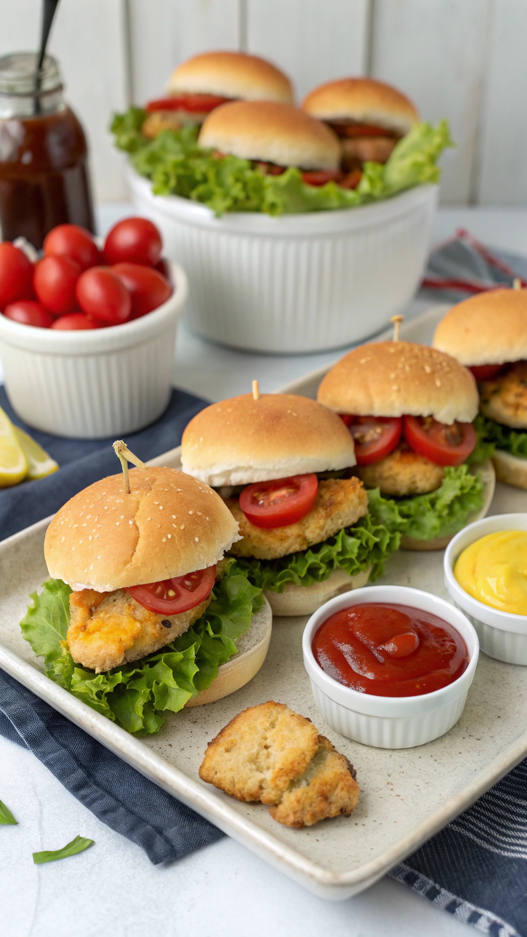 Delicious chicken sliders with lettuce and tomatoes, served with ketchup and mustard.