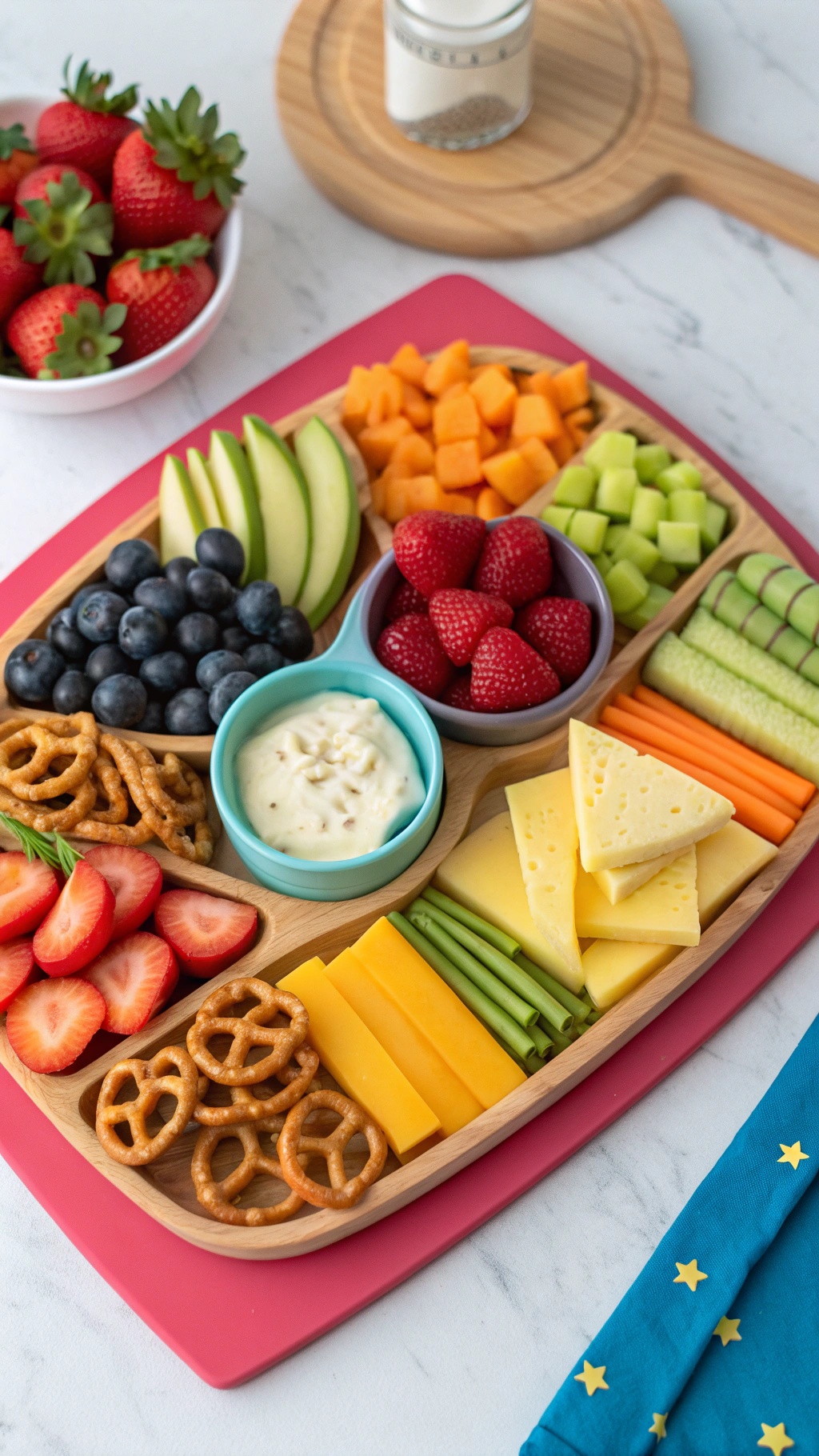 A colorful cheese board featuring fruits, cheeses, and pretzels, perfect for kids.