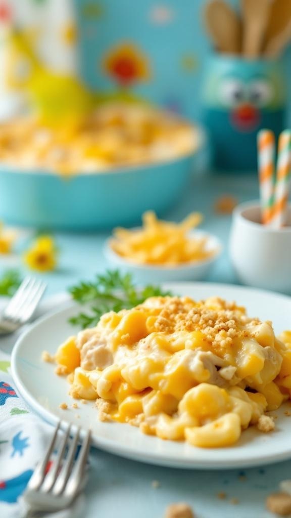 A creamy chicken and cheese casserole served on a plate, with a larger casserole dish in the background, showcasing a colorful and inviting meal.