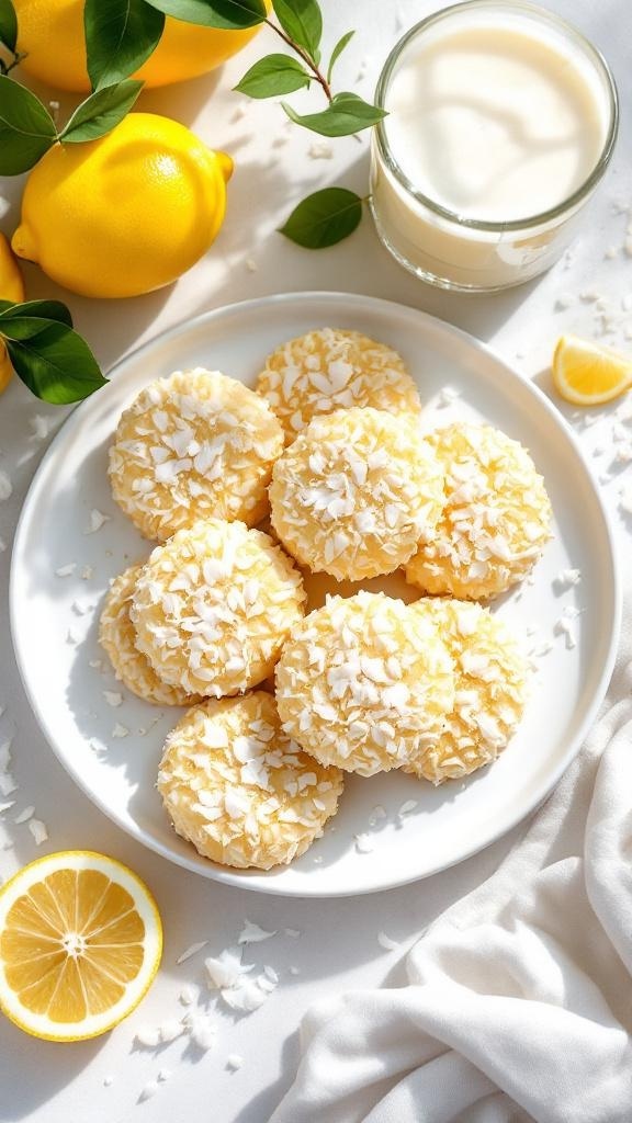Plate of Lemon Coconut No Bake Cookies with lemons and coconut flakes