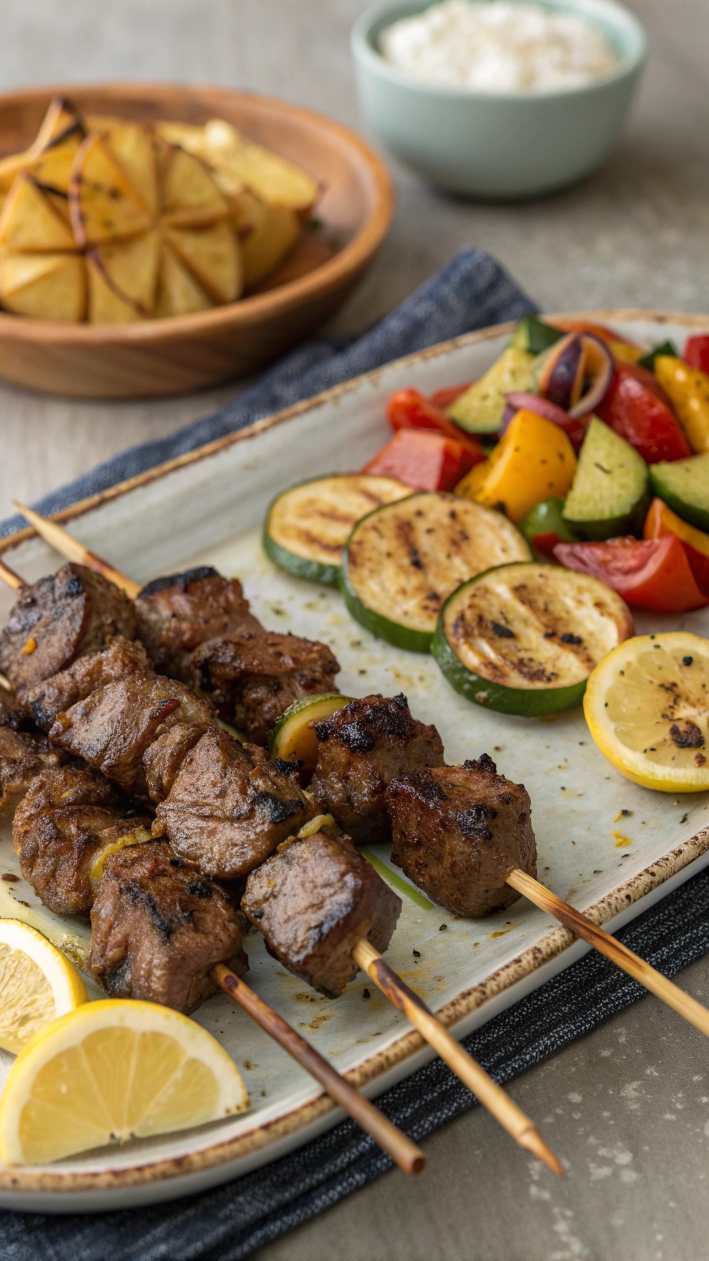Lemon garlic beef skewers with grilled vegetables and lemon slices