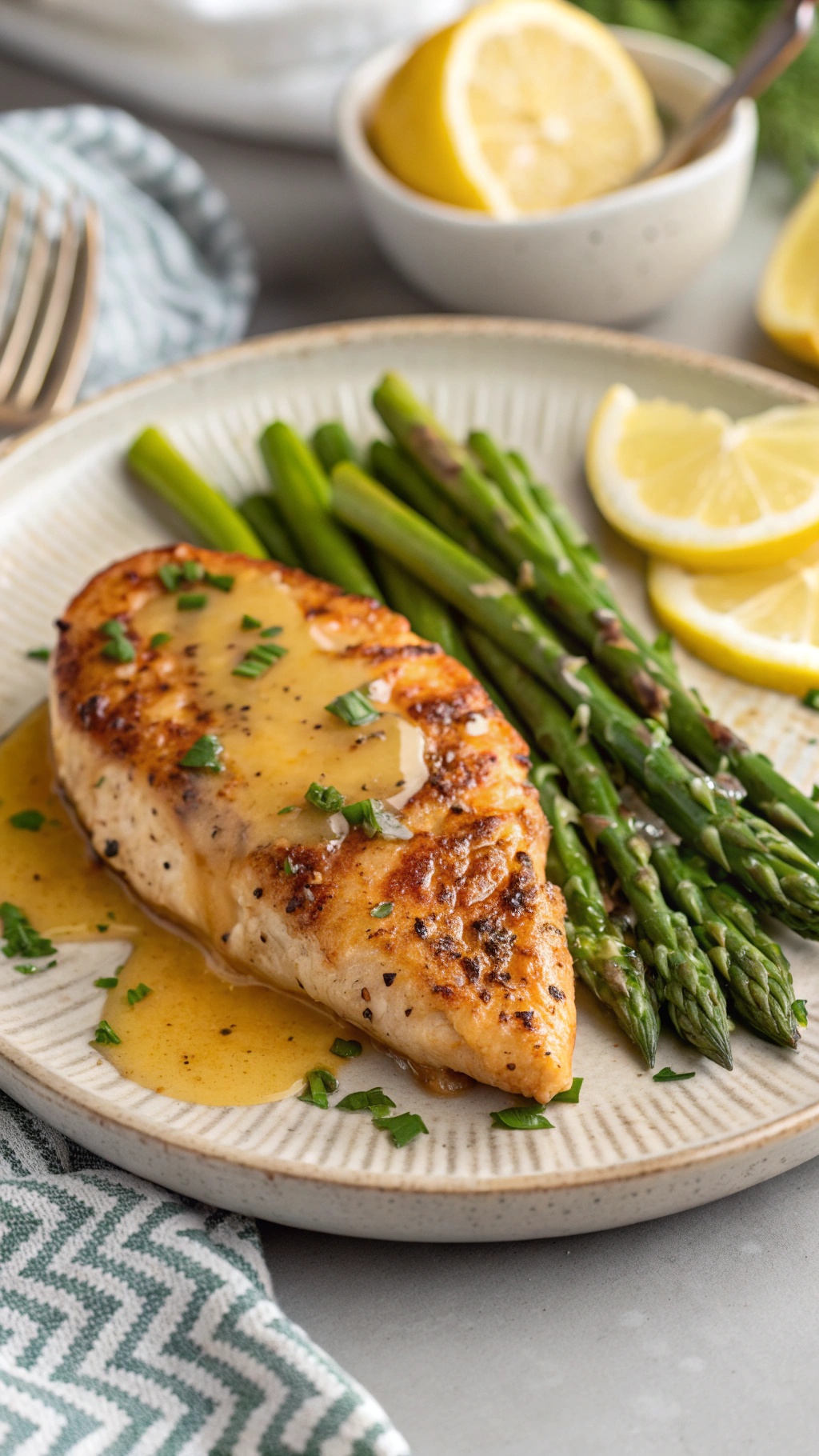A plate of lemon garlic butter chicken breast served with asparagus and lemon slices.
