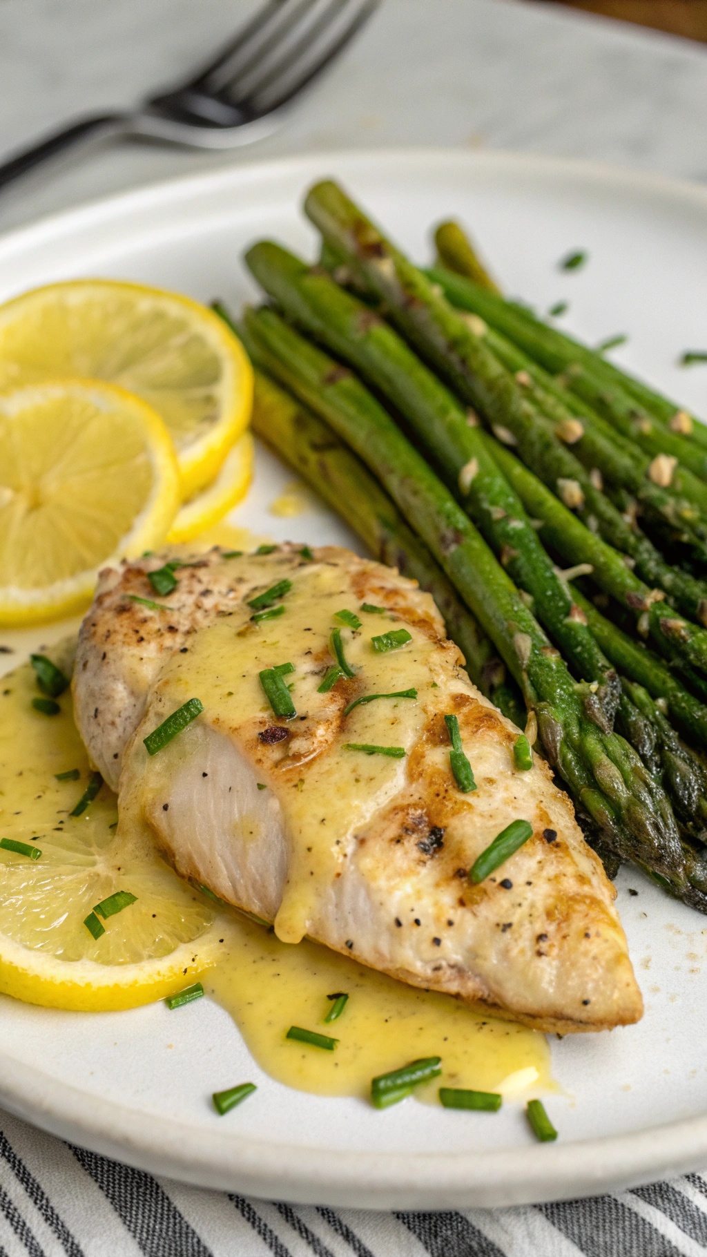 A plate of lemon garlic chicken with asparagus, garnished with chives and lemon slices.