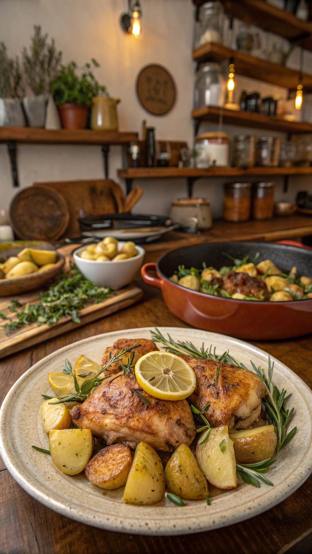 A plate of Lemon Garlic Roasted Chicken Thighs with potatoes and lemon slices, set in a cozy kitchen.