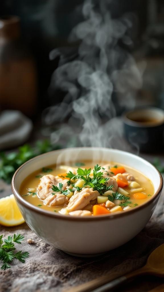 A bowl of steaming lemon garlic rotisserie chicken soup with vegetables and herbs.