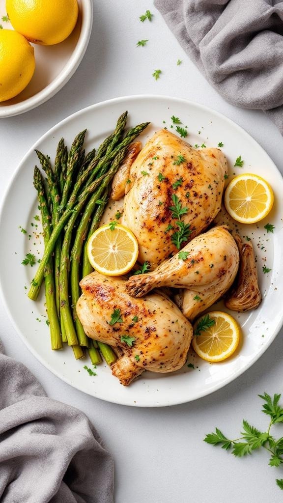 Lemon garlic rotisserie chicken served with asparagus and lemon slices on a white plate.